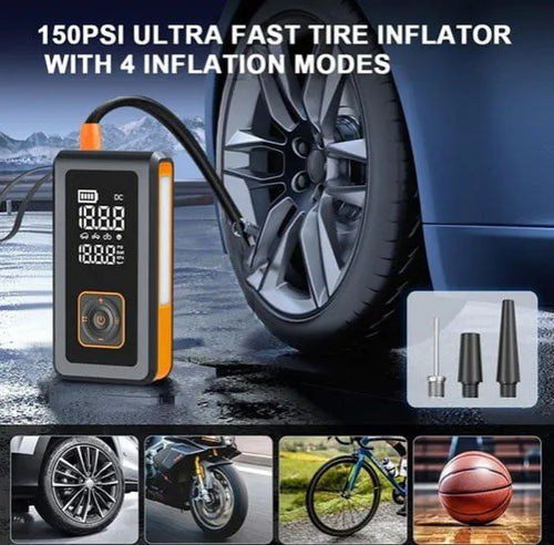7-in-1 multi-function car jump starter with Powerbank, flashlight, compressor, pressure gauge and quick start function.