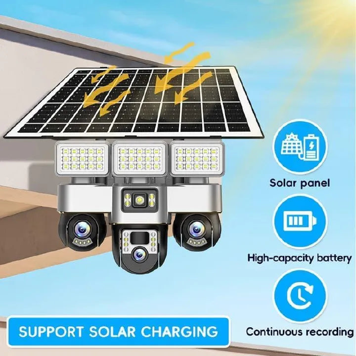 V380 Pro 4G Solar Security Camera, Triple PTZ Lens System, 360° Rotation, Night Vision, 4K Resolution, IP66 Waterproof, Mobile App Control