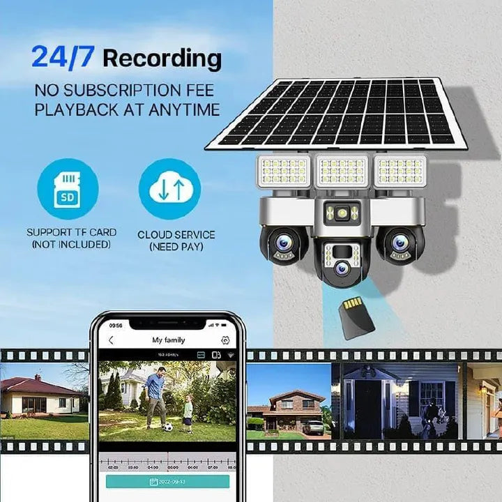V380 Pro 4G Solar Security Camera, Triple PTZ Lens System, 360° Rotation, Night Vision, 4K Resolution, IP66 Waterproof, Mobile App Control