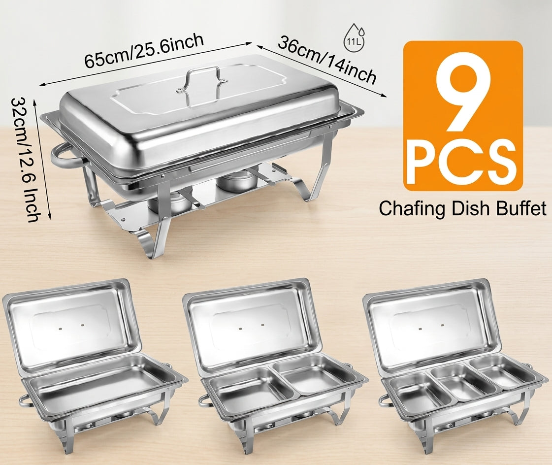 3PC Set - 9 Litres Durable Signature Heavy duty chaffing dishes  (Single + Double + Tripple Compartments)